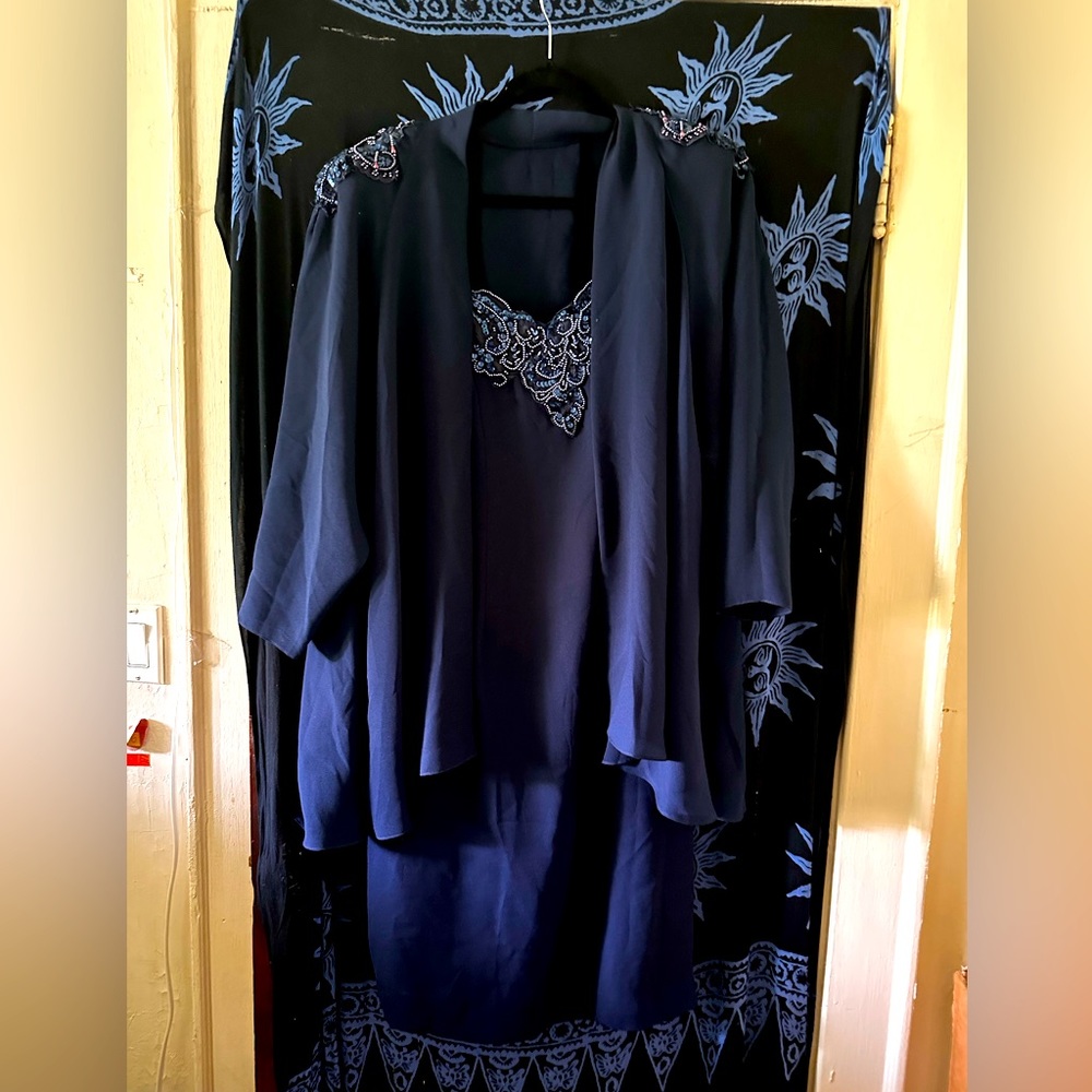 Size 20W Vintage strap dress from circa 1990’s with open front cardigan.